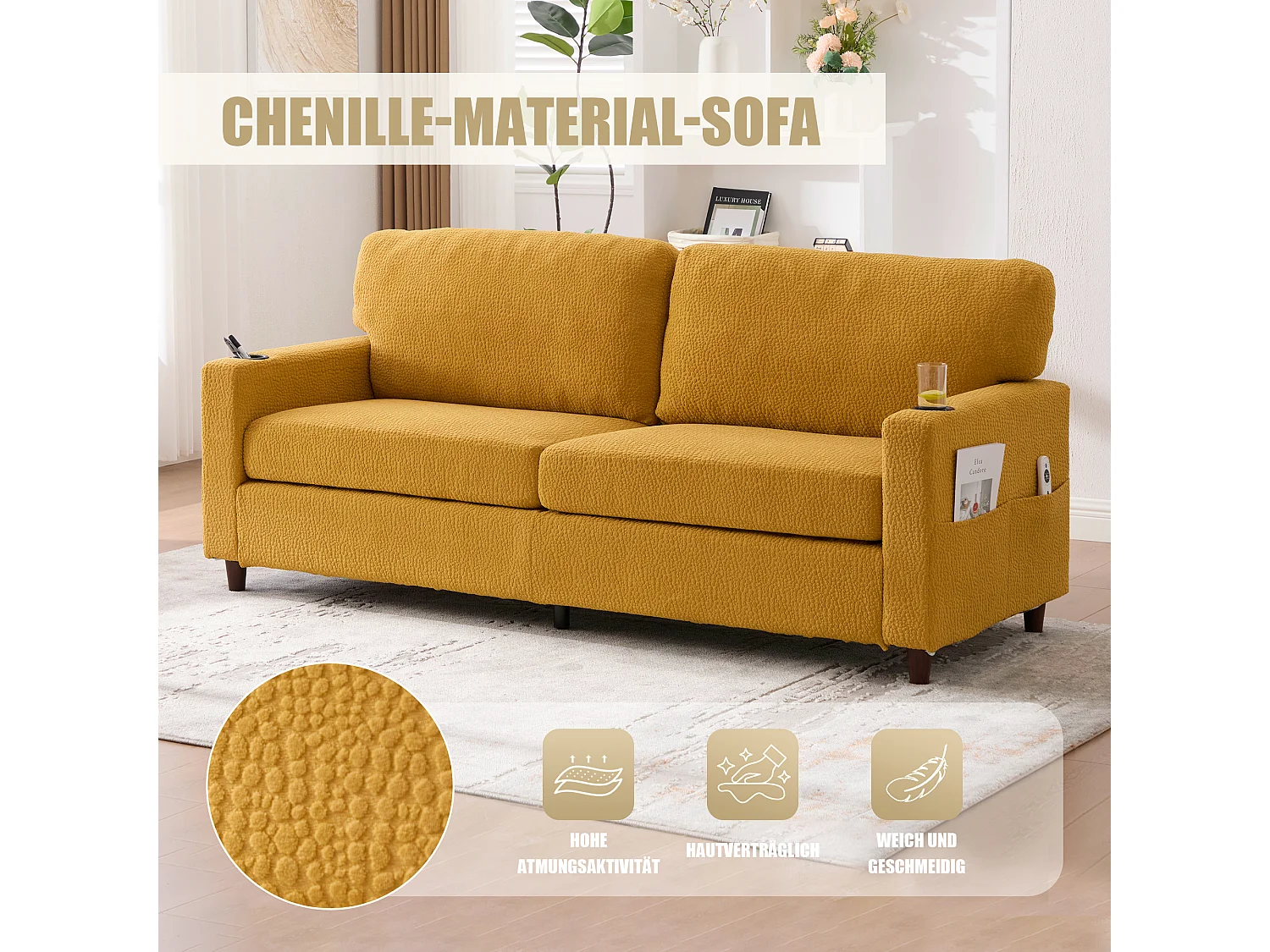 Modernes 2-Sitzer-Sofa – 203 x 77,5 x 85 cm – mit USB-C-Anschluss, LED-Beleuchtung, Getränkehaltern und Seitentaschen – Samt – Gelb