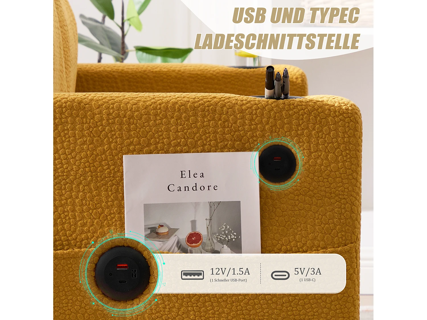 Modernes 2-Sitzer-Sofa – 203 x 77,5 x 85 cm – mit USB-C-Anschluss, LED-Beleuchtung, Getränkehaltern und Seitentaschen – Samt – Gelb