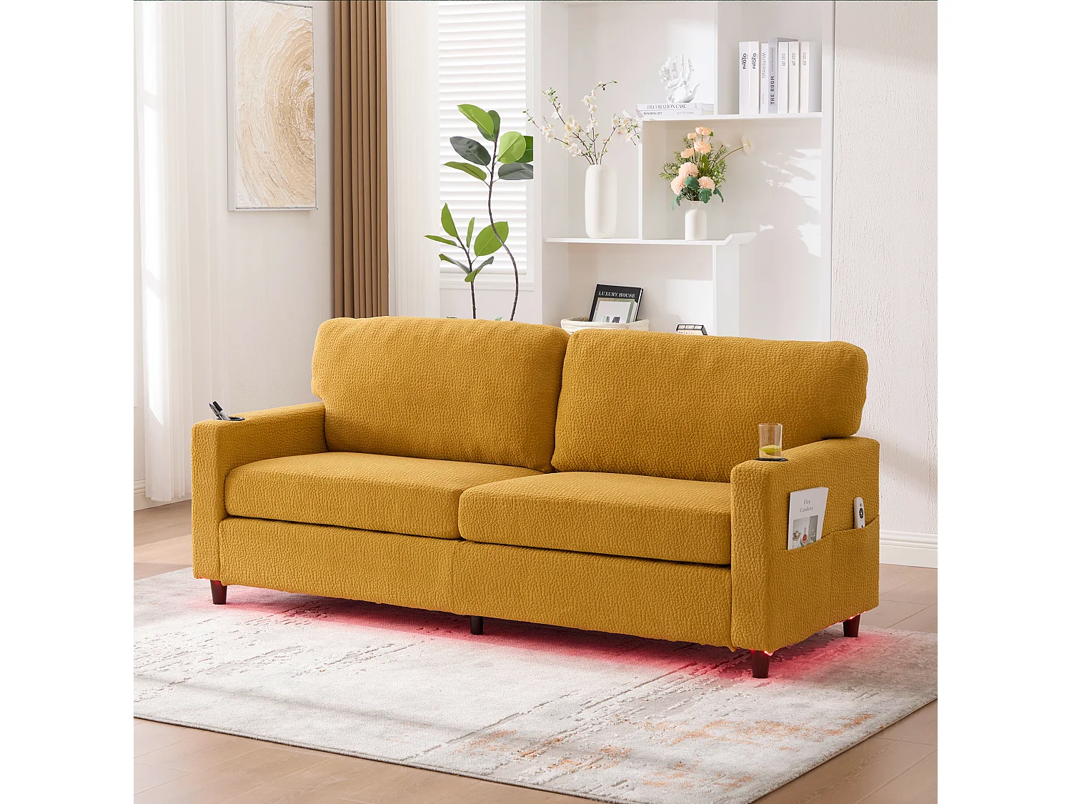 Modernes 2-Sitzer-Sofa – 203 x 77,5 x 85 cm – mit USB-C-Anschluss, LED-Beleuchtung, Getränkehaltern und Seitentaschen – Samt – Gelb