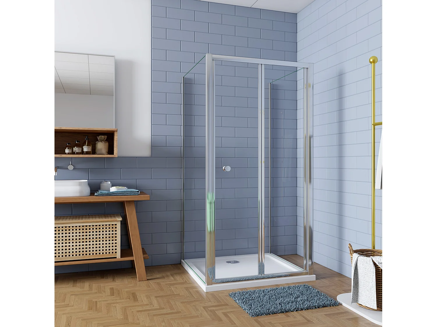 Douchecabine 70x90x185cm Vouw-/schuifdeur+twee zijpanelen 5mm veiligheidsglas-gepolijst chroom frame