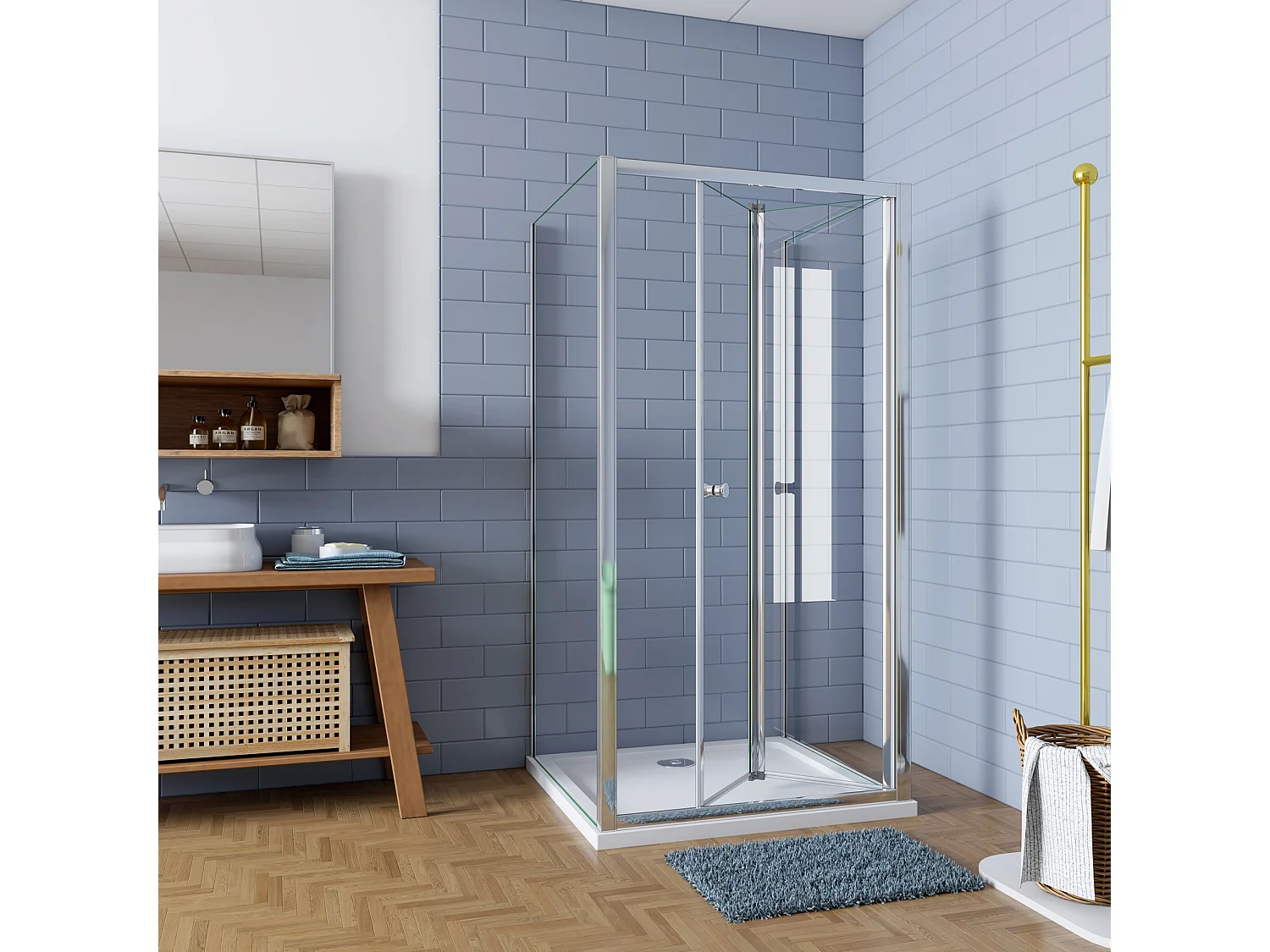Douchecabine 70x90x185cm Vouw-/schuifdeur+twee zijpanelen 5mm veiligheidsglas-gepolijst chroom frame
