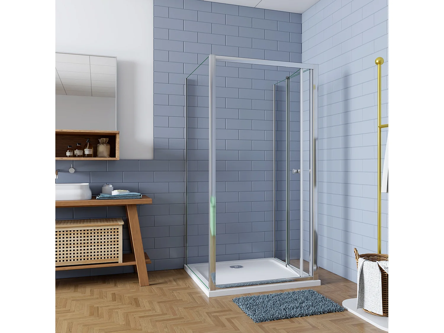 Douchecabine 70x90x185cm Vouw-/schuifdeur+twee zijpanelen 5mm veiligheidsglas-gepolijst chroom frame