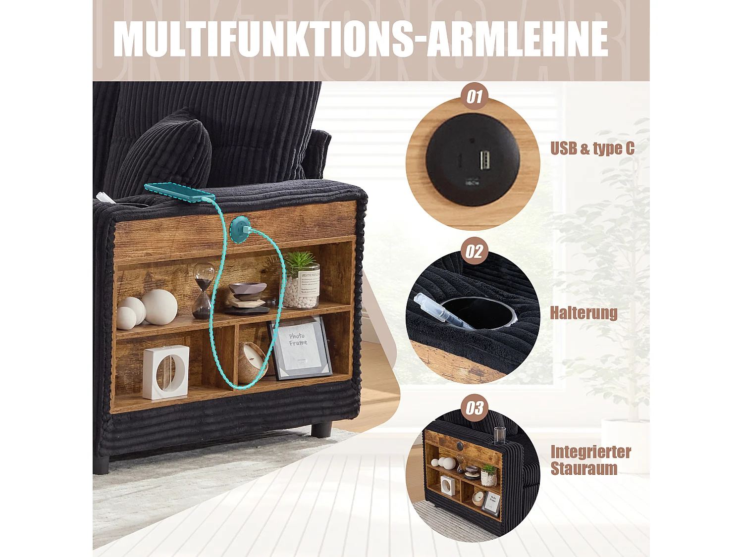 Sofá conversível de 3 lugares - com espaço de armazenamento e cama retrátil + USB + LEDs + porta-copos - veludo - preto