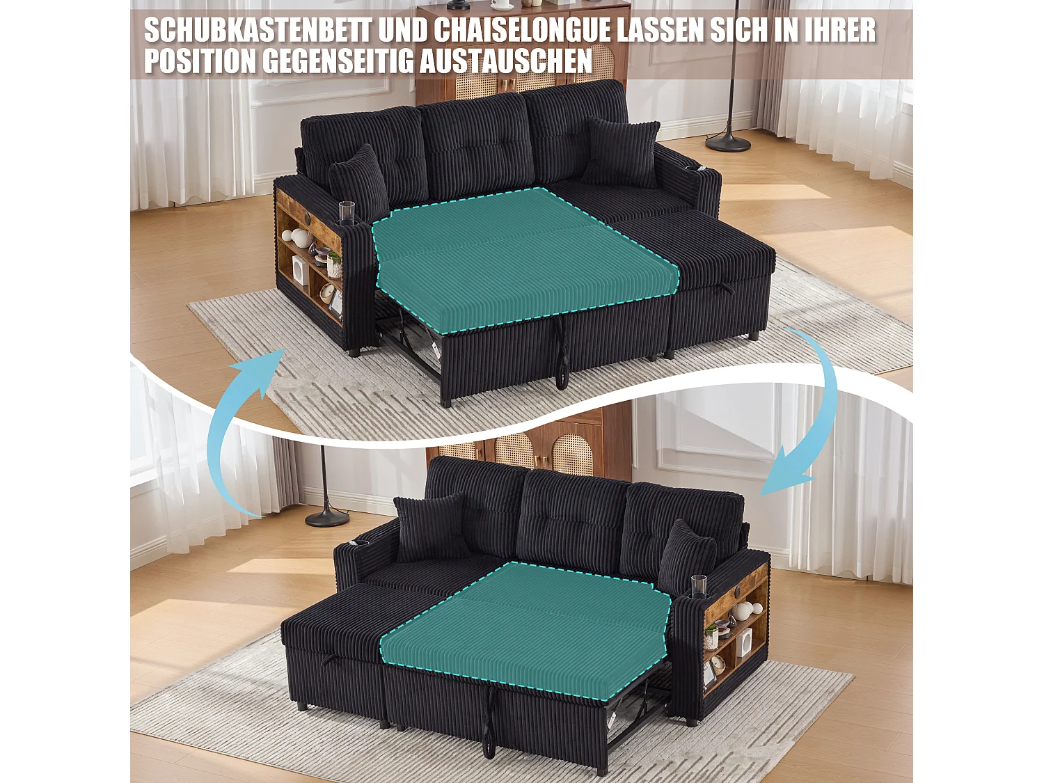 Canapé convertible 3 places - avec rangement et lit gigogne + USB + Leds + porte-gobelets - velours - noir