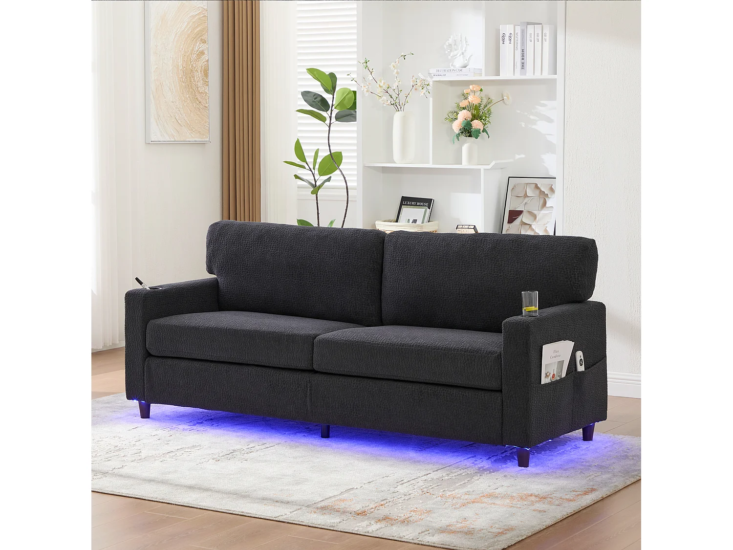 Modernes 2-Sitzer-Sofa – 203 x 77,5 x 85 cm – mit USB-C-Anschluss, LED-Beleuchtung, Getränkehaltern und Seitentaschen – Samt – Dunkelgrau