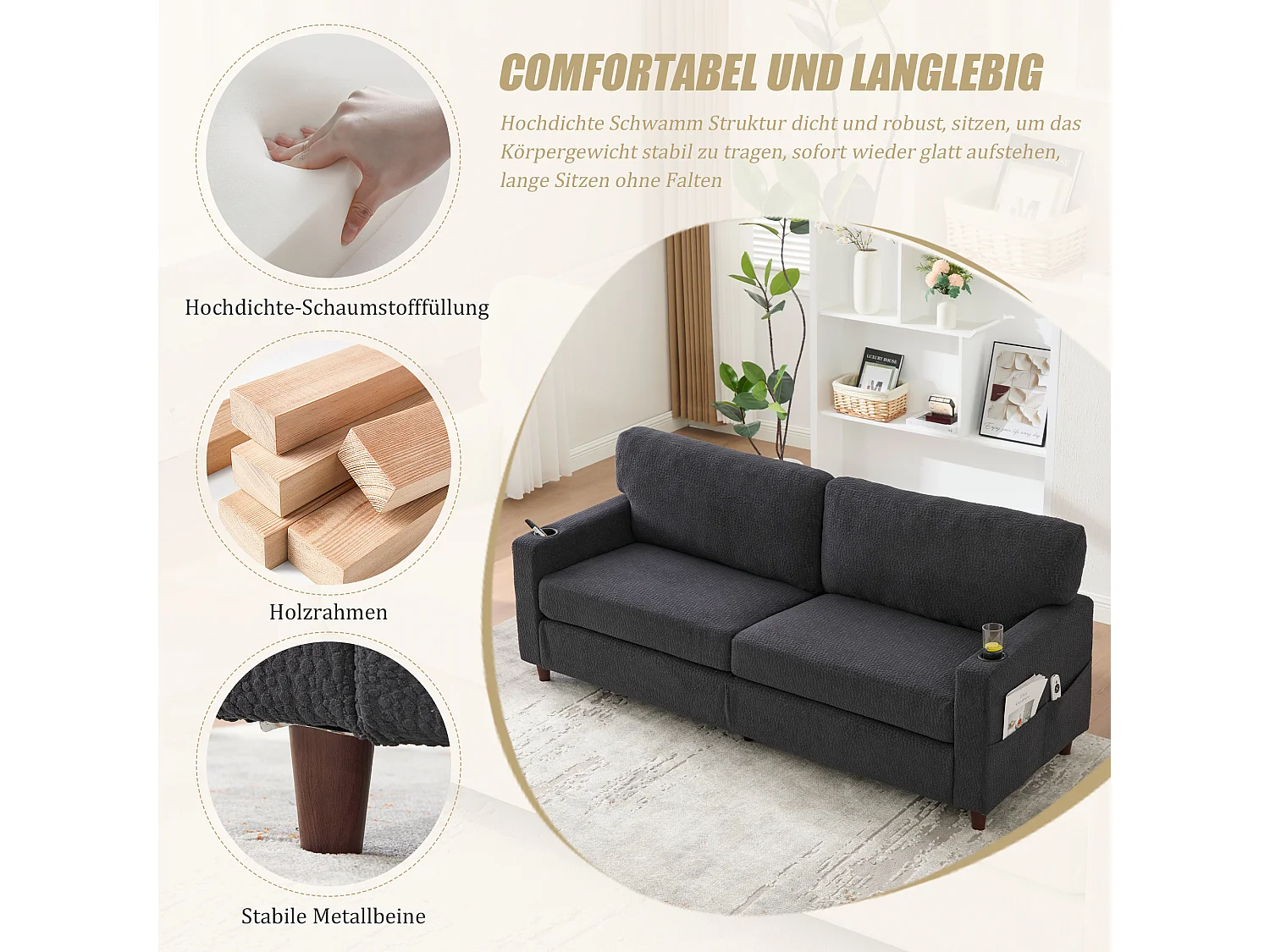Modernes 2-Sitzer-Sofa – 203 x 77,5 x 85 cm – mit USB-C-Anschluss, LED-Beleuchtung, Getränkehaltern und Seitentaschen – Samt – Dunkelgrau