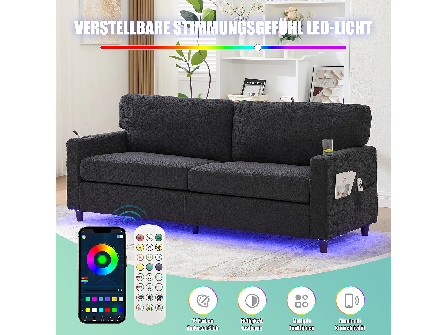 Modernes 2-Sitzer-Sofa – 203 x 77,5 x 85 cm – mit USB-C-Anschluss, LED-Beleuchtung, Getränkehaltern und Seitentaschen – Samt – Dunkelgrau