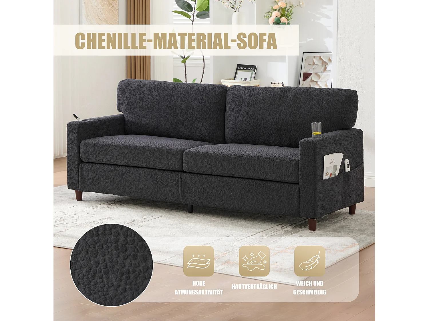 Modernes 2-Sitzer-Sofa – 203 x 77,5 x 85 cm – mit USB-C-Anschluss, LED-Beleuchtung, Getränkehaltern und Seitentaschen – Samt – Dunkelgrau