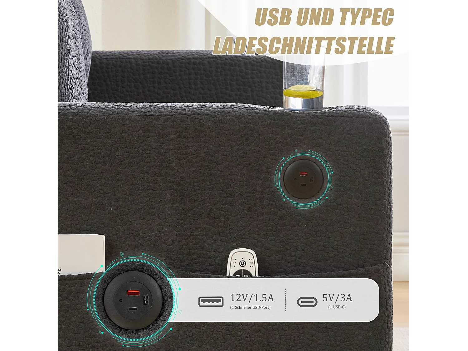 Modernes 2-Sitzer-Sofa – 203 x 77,5 x 85 cm – mit USB-C-Anschluss, LED-Beleuchtung, Getränkehaltern und Seitentaschen – Samt – Dunkelgrau