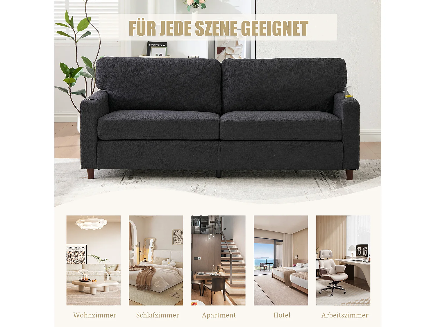 Modernes 2-Sitzer-Sofa – 203 x 77,5 x 85 cm – mit USB-C-Anschluss, LED-Beleuchtung, Getränkehaltern und Seitentaschen – Samt – Dunkelgrau