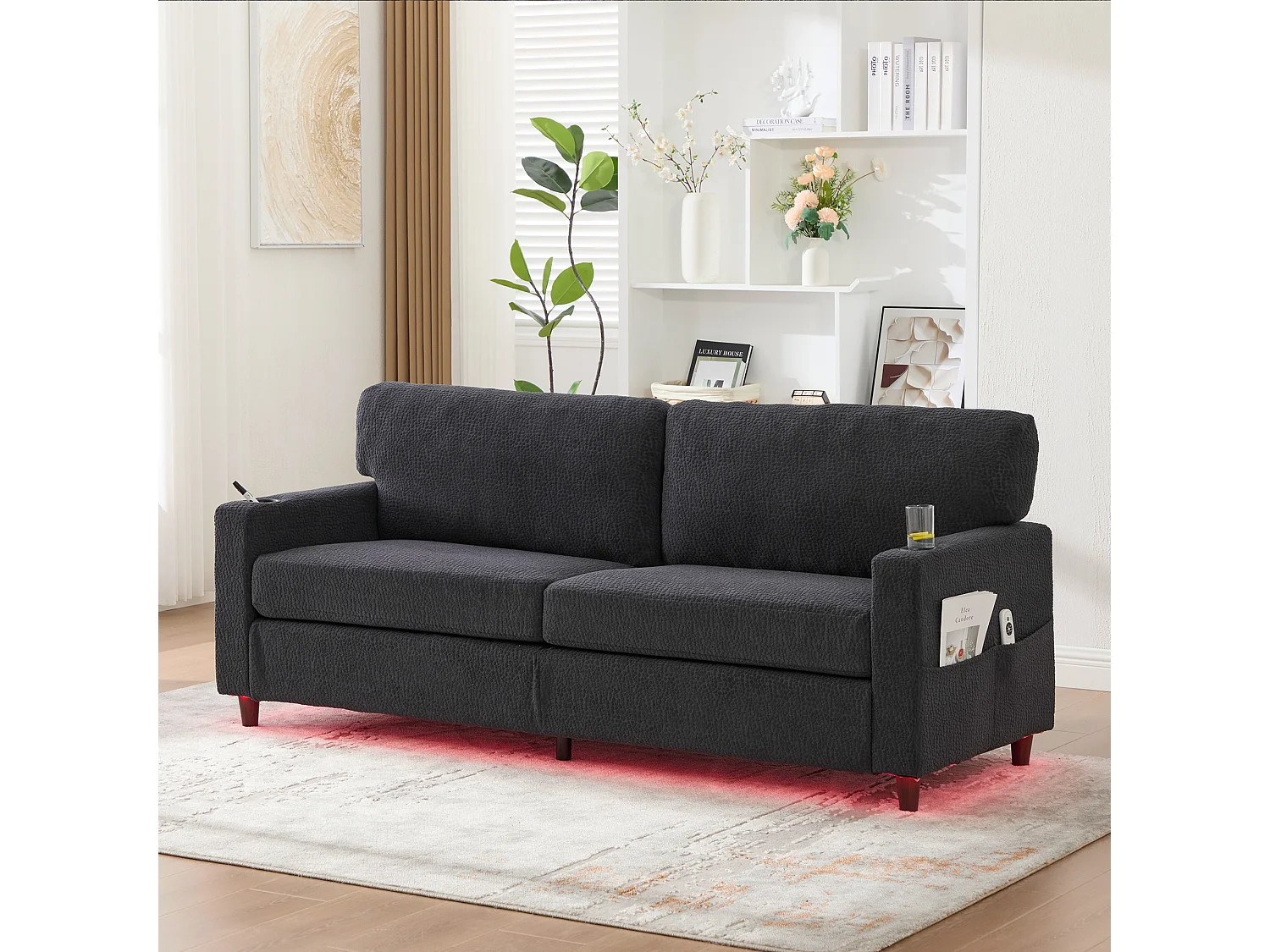 Modernes 2-Sitzer-Sofa – 203 x 77,5 x 85 cm – mit USB-C-Anschluss, LED-Beleuchtung, Getränkehaltern und Seitentaschen – Samt – Dunkelgrau