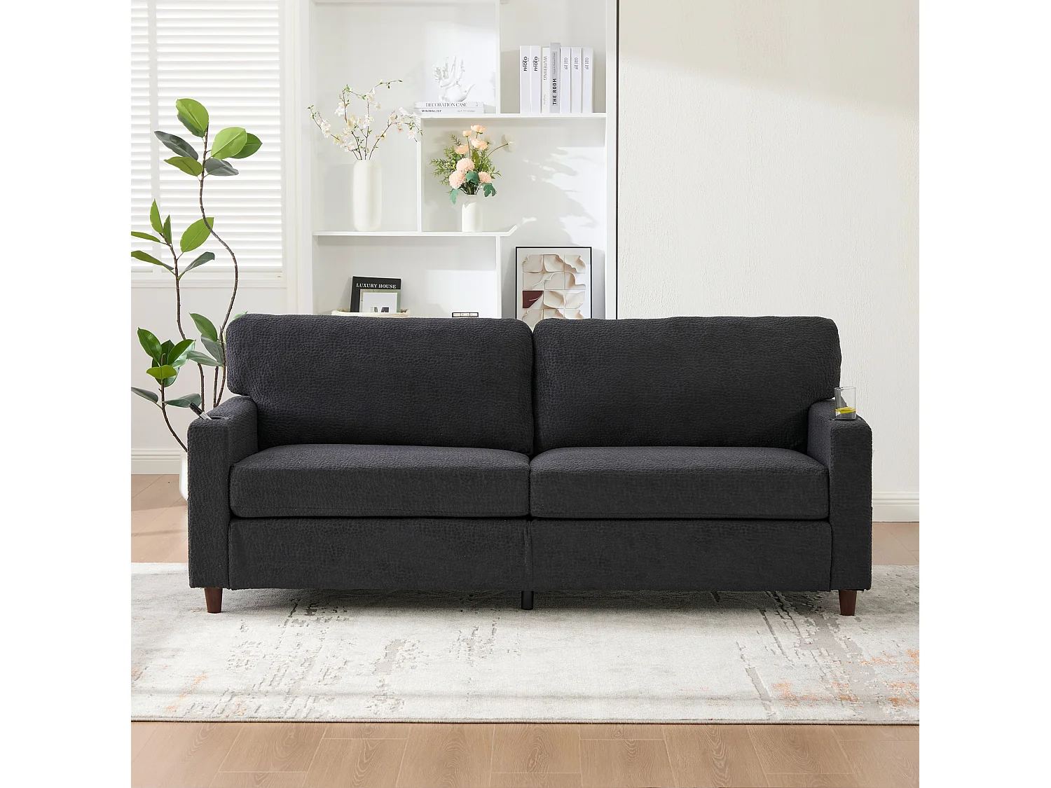 Modernes 2-Sitzer-Sofa – 203 x 77,5 x 85 cm – mit USB-C-Anschluss, LED-Beleuchtung, Getränkehaltern und Seitentaschen – Samt – Dunkelgrau