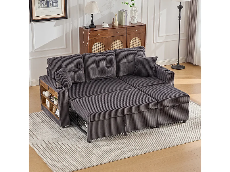 Canapé convertible 3 places - avec rangement et lit gigogne + USB + Leds + porte-gobelets - velours - gris foncé