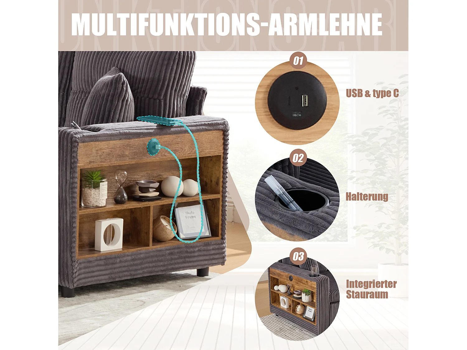 Sofá conversível de 3 lugares - com espaço de armazenamento e cama retrátil + USB + LEDs + porta-copos - veludo - cinza escuro