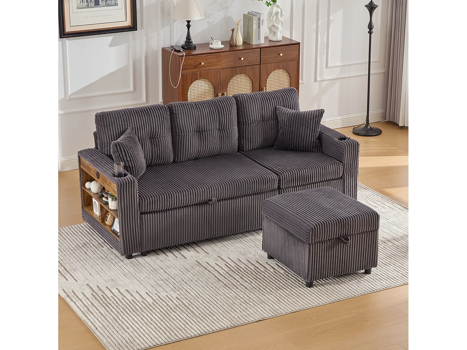 Canapé convertible 3 places - avec rangement et lit gigogne + USB + Leds + porte-gobelets - velours - gris foncé