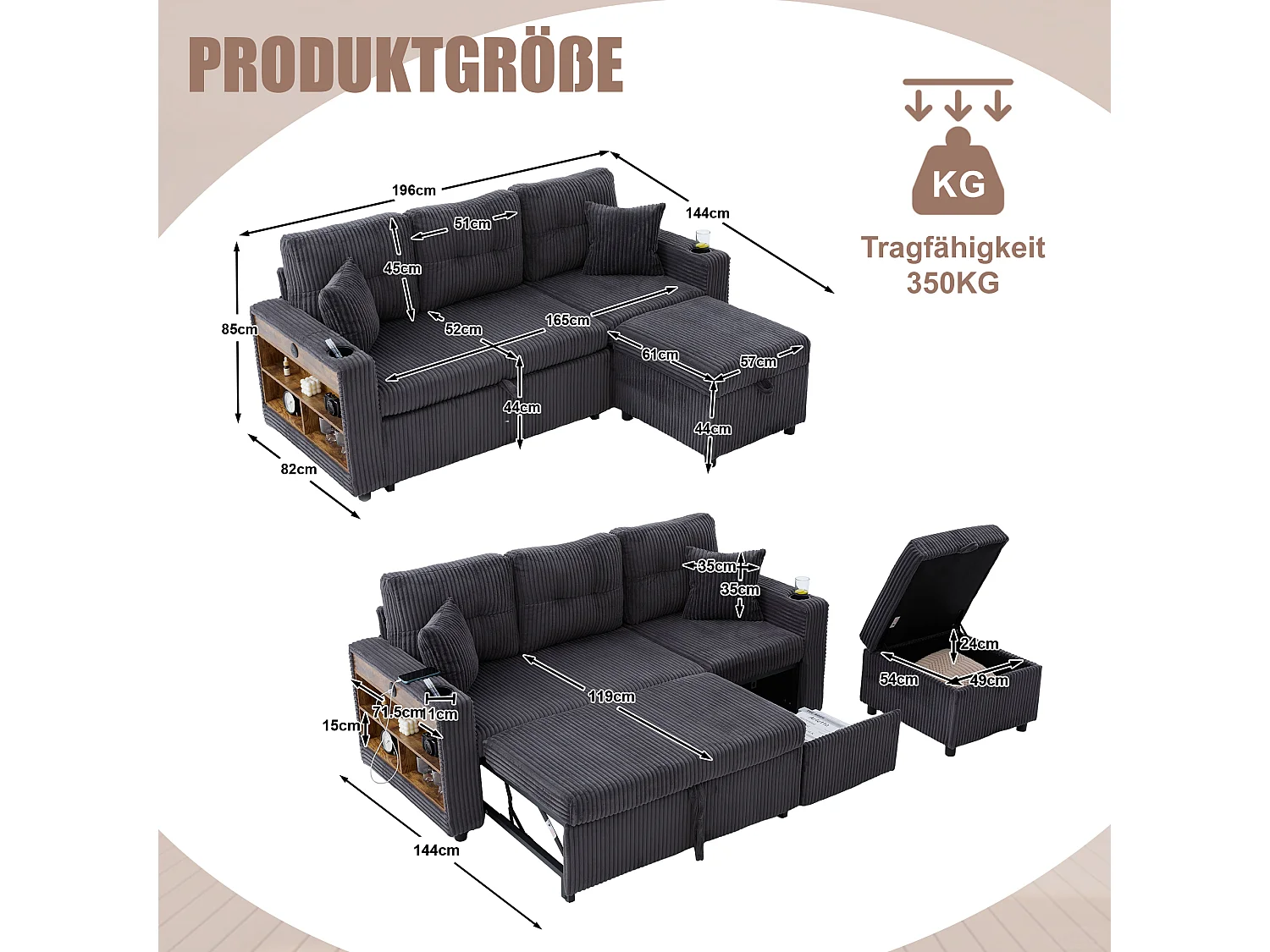 Canapé convertible 3 places - avec rangement et lit gigogne + USB + Leds + porte-gobelets - velours - gris foncé