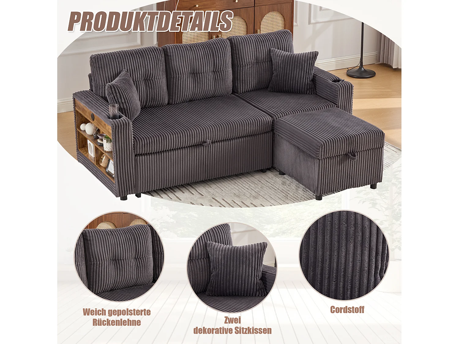 Canapé convertible 3 places - avec rangement et lit gigogne + USB + Leds + porte-gobelets - velours - gris foncé