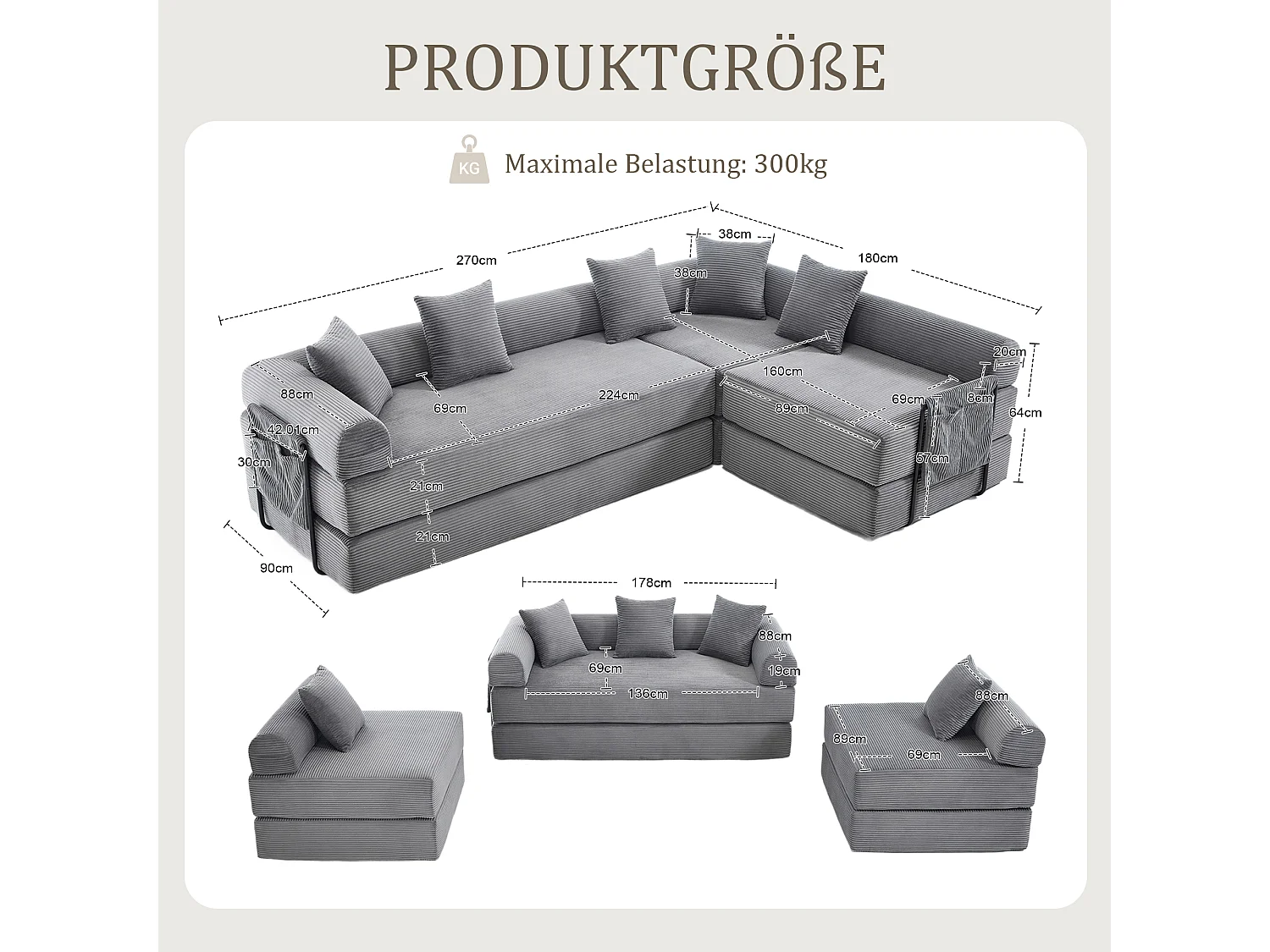 Canapé convertible 4 places - 270 x 180 x 64 cm -  modules combinables à volonté - velours - gris