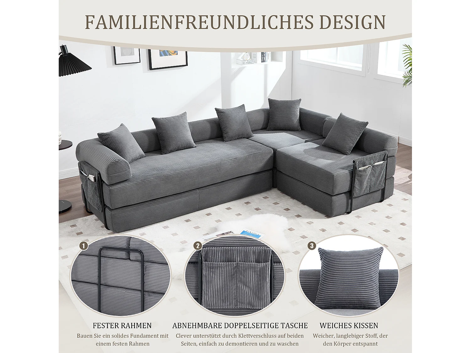 Canapé convertible 4 places - 270 x 180 x 64 cm -  modules combinables à volonté - velours - gris