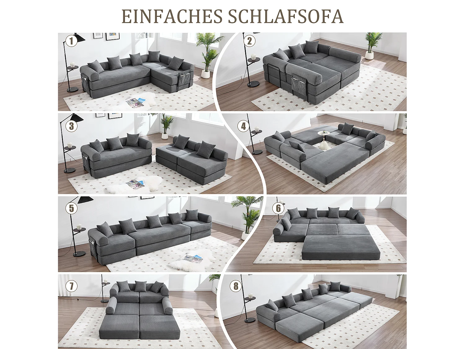 Canapé convertible 4 places - 270 x 180 x 64 cm -  modules combinables à volonté - velours - gris