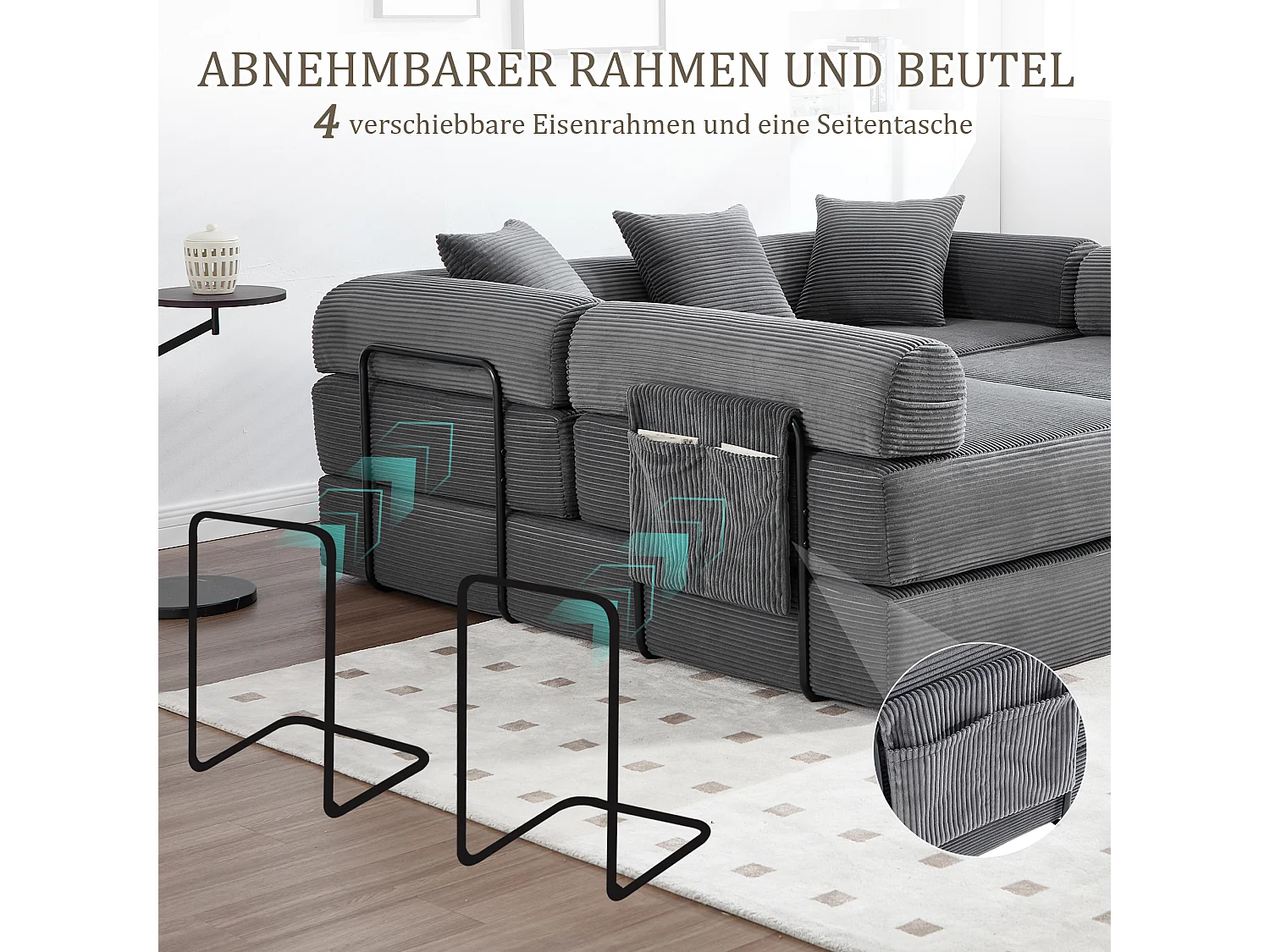 Canapé convertible 4 places - 270 x 180 x 64 cm -  modules combinables à volonté - velours - gris