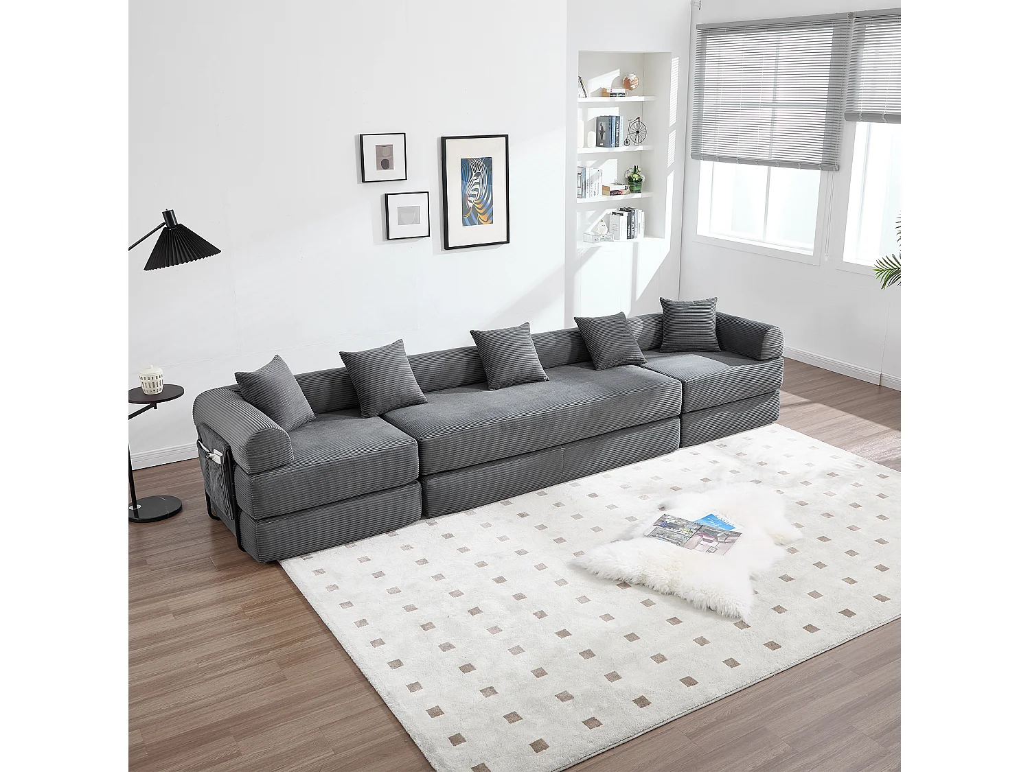 Canapé convertible 4 places - 270 x 180 x 64 cm -  modules combinables à volonté - velours - gris