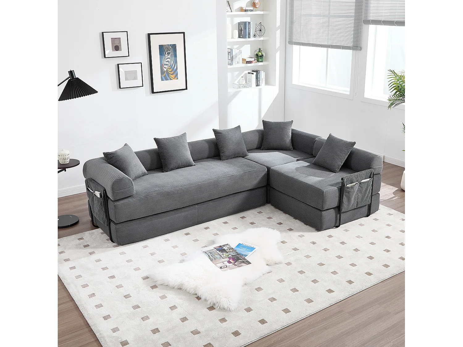 Canapé convertible 4 places - 270 x 180 x 64 cm -  modules combinables à volonté - velours - gris