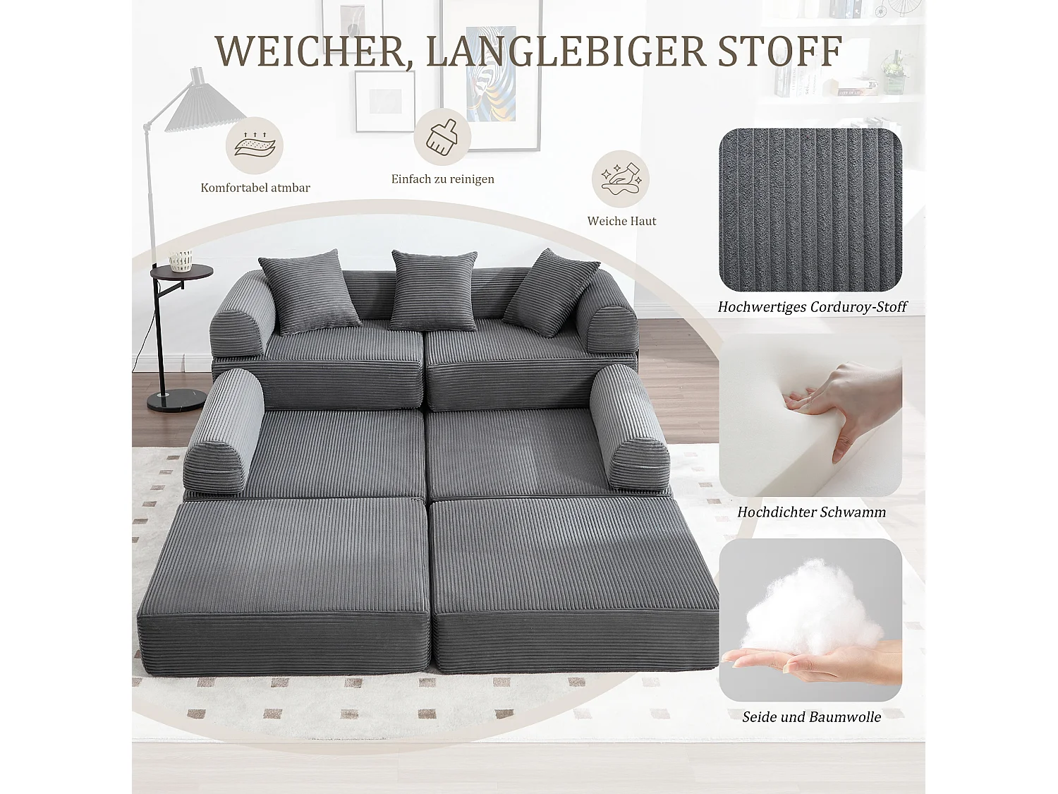 Canapé convertible 4 places - 270 x 180 x 64 cm -  modules combinables à volonté - velours - gris