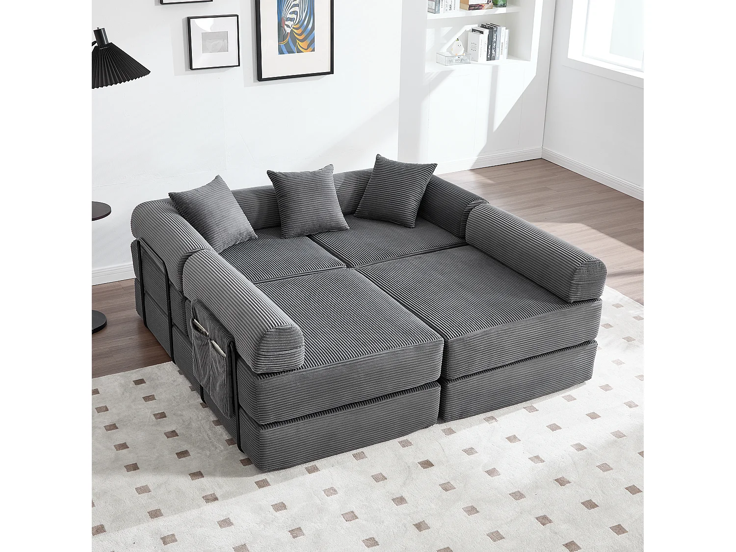 Canapé convertible 4 places - 270 x 180 x 64 cm -  modules combinables à volonté - velours - gris