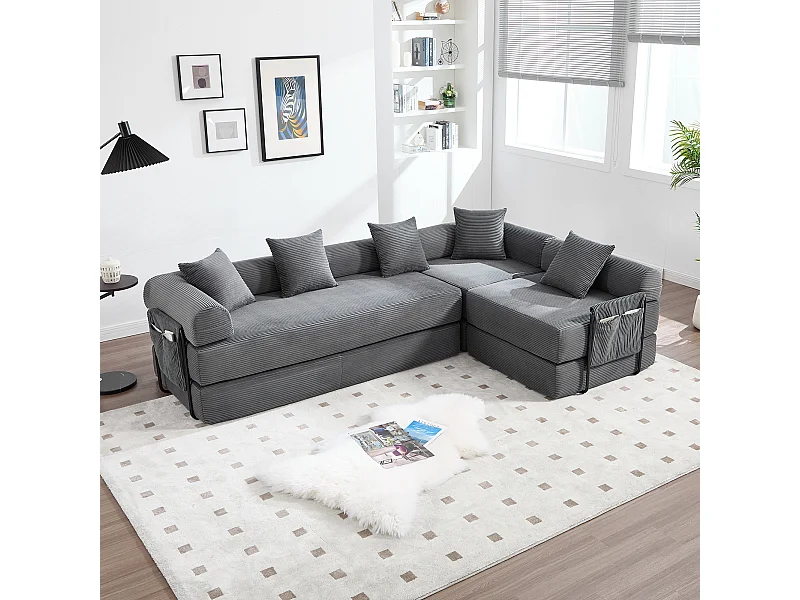 4-Sitzer-Schlafsofa – 270 x 180 x 64 cm – modulares Design – Samt – grau