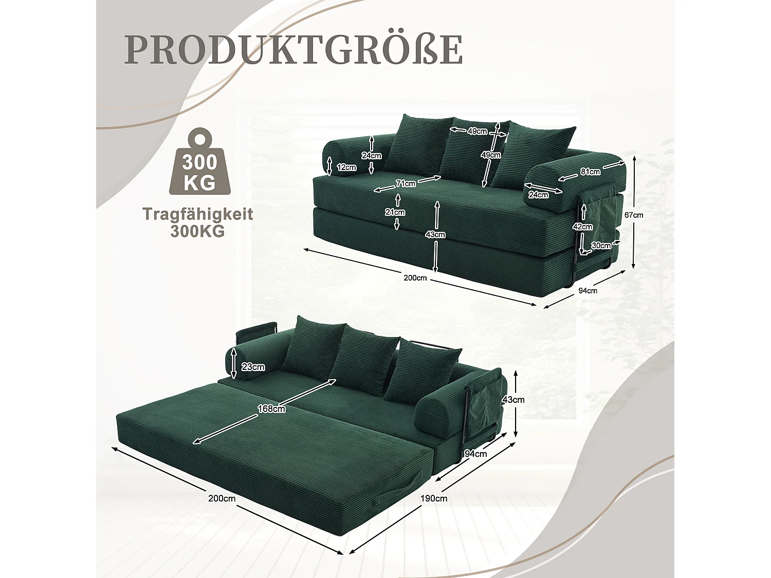 Canapé convertible 3 places - 200 x 94 x 67 cm - avec poches latérales + 3 coussins - velours - vert