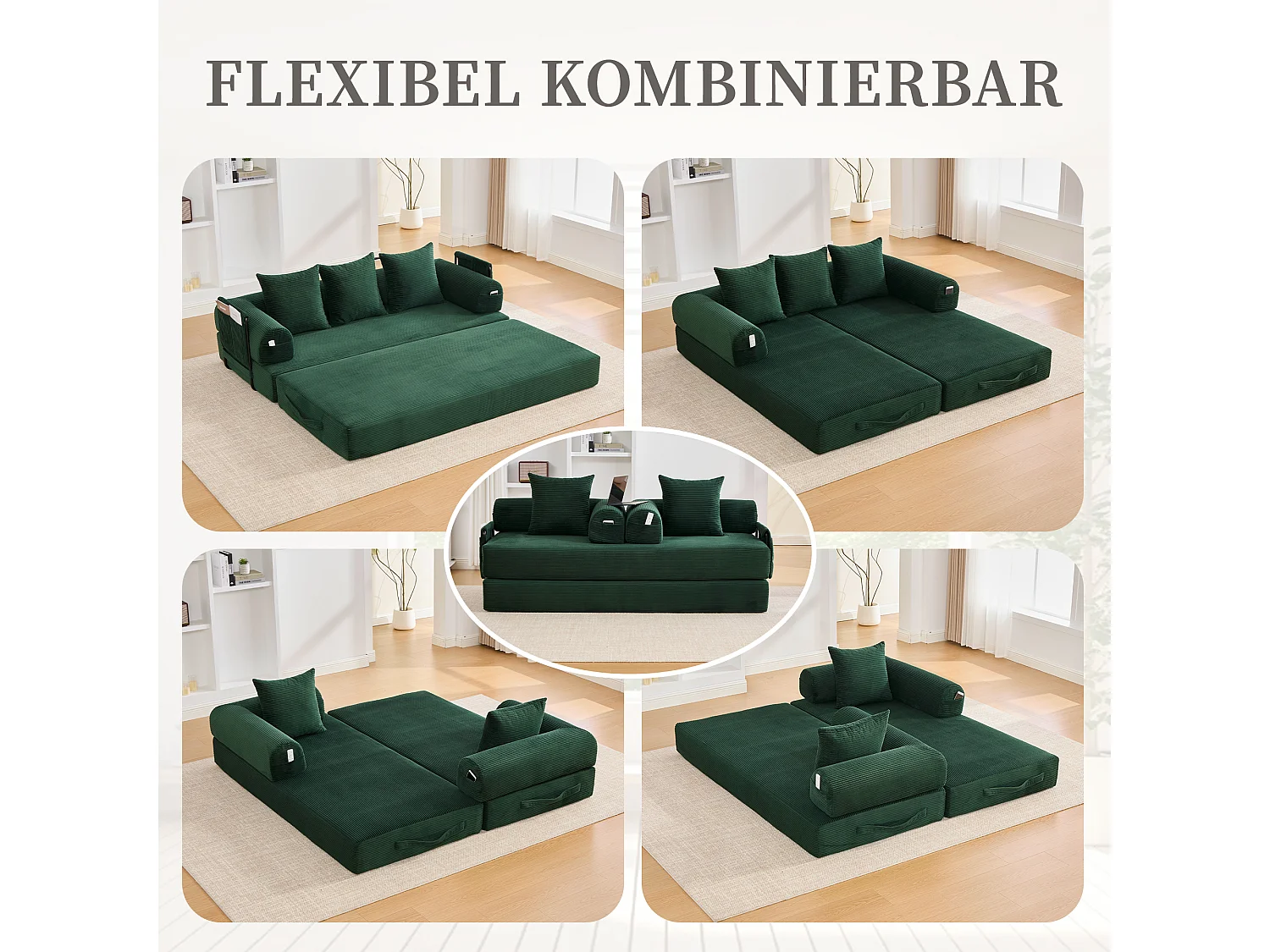 Canapé convertible 3 places - 200 x 94 x 67 cm - avec poches latérales + 3 coussins - velours - vert