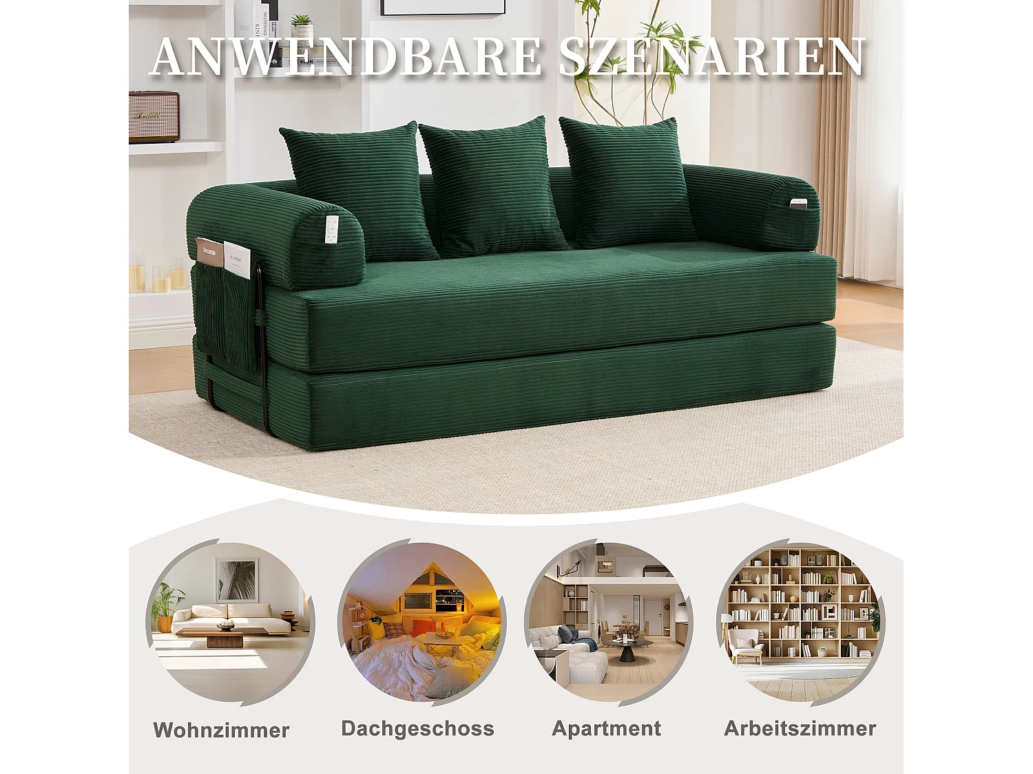 Canapé convertible 3 places - 200 x 94 x 67 cm - avec poches latérales + 3 coussins - velours - vert