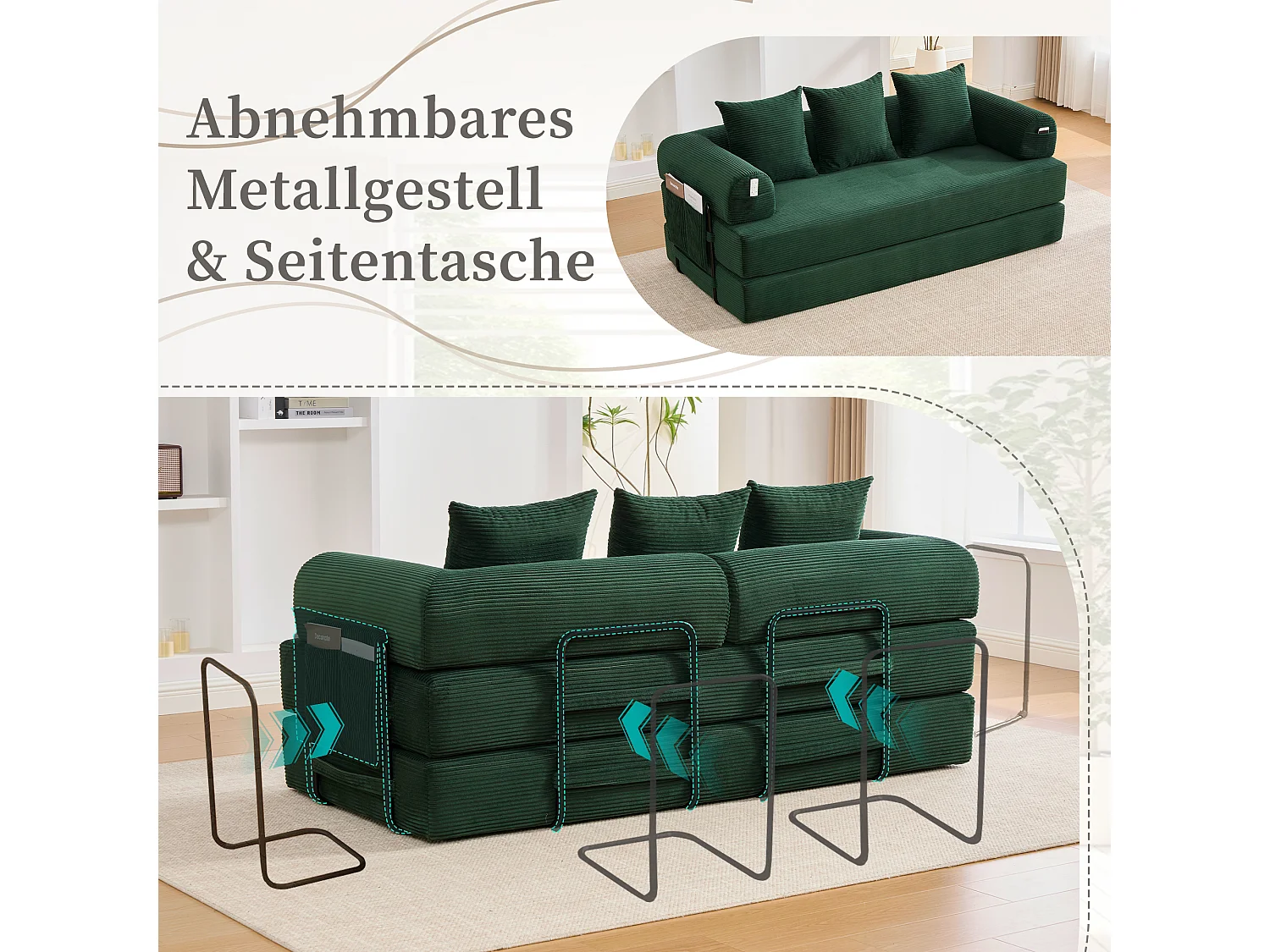 Canapé convertible 3 places - 200 x 94 x 67 cm - avec poches latérales + 3 coussins - velours - vert