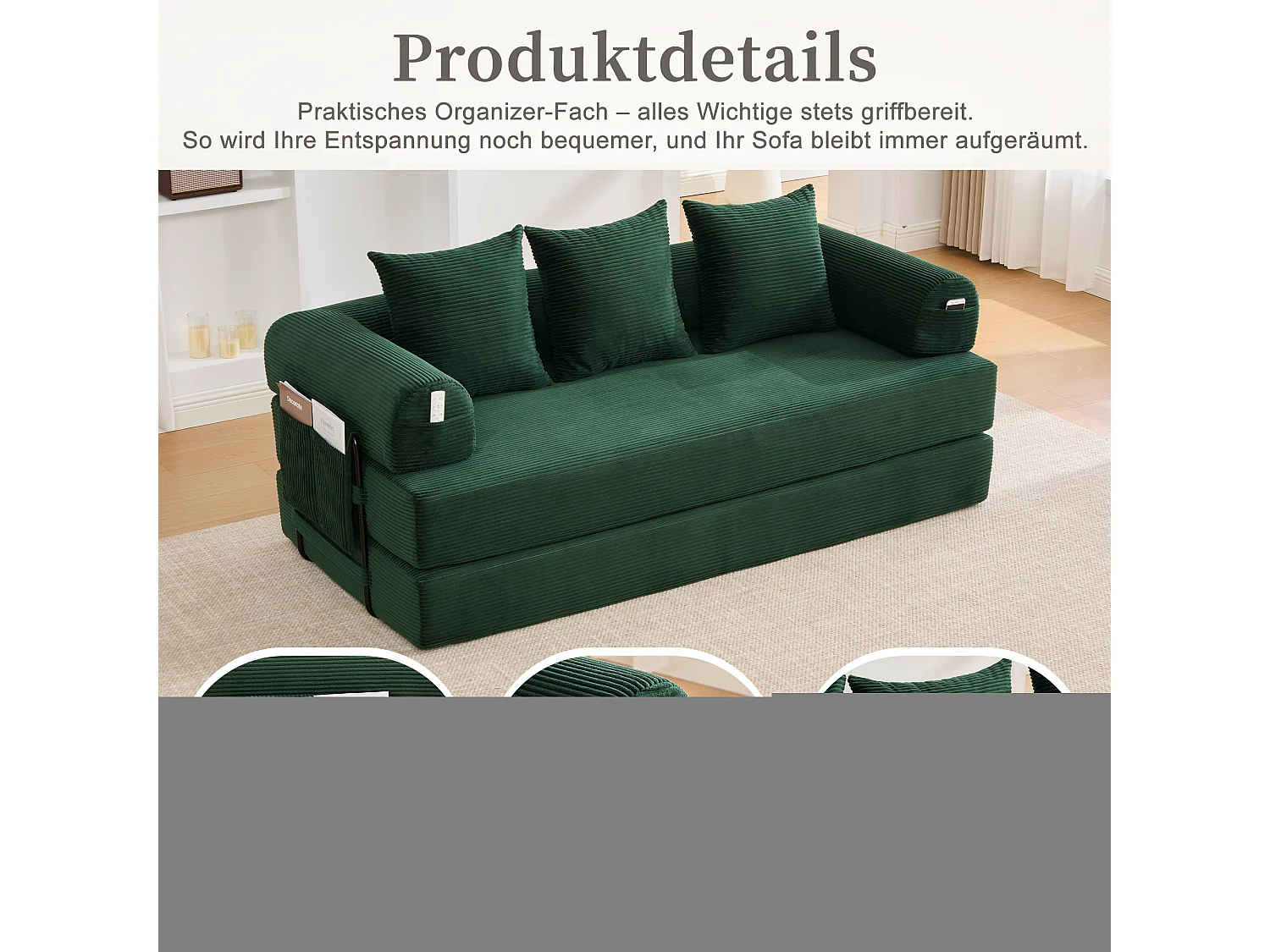 Divano letto 3 posti - 200 x 94 x 67 cm - con tasche laterali + 3 cuscini - velluto - verde