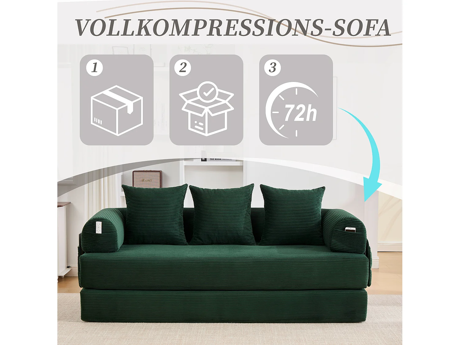 Divano letto 3 posti - 200 x 94 x 67 cm - con tasche laterali + 3 cuscini - velluto - verde