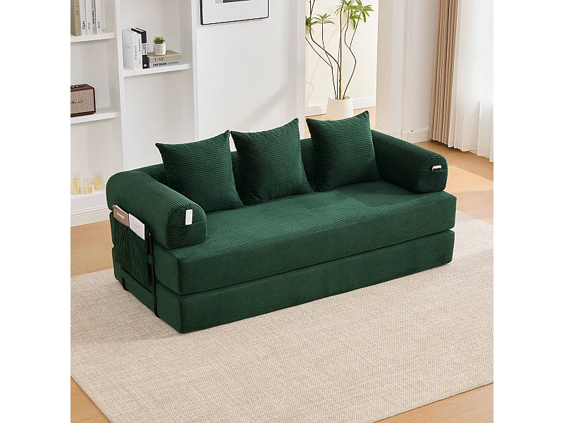 Sofá-cama de 3 lugares - 200 x 94 x 67 cm - com bolsos laterais + 3 almofadas - veludo - verde
