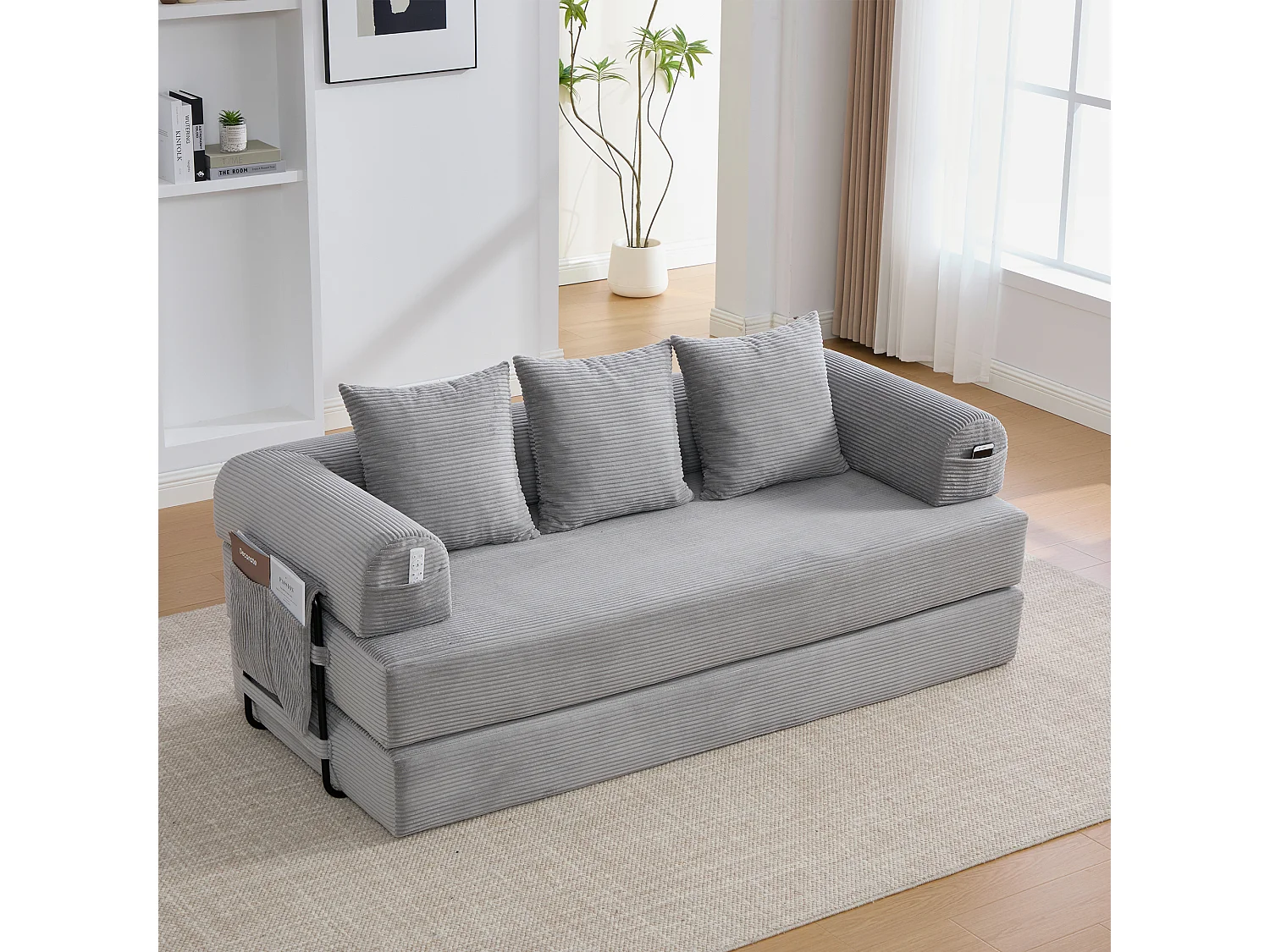 Canapé convertible 3 places - 200 x 94 x 67 cm - avec poches latérales + 3 coussins - velours - gris clair