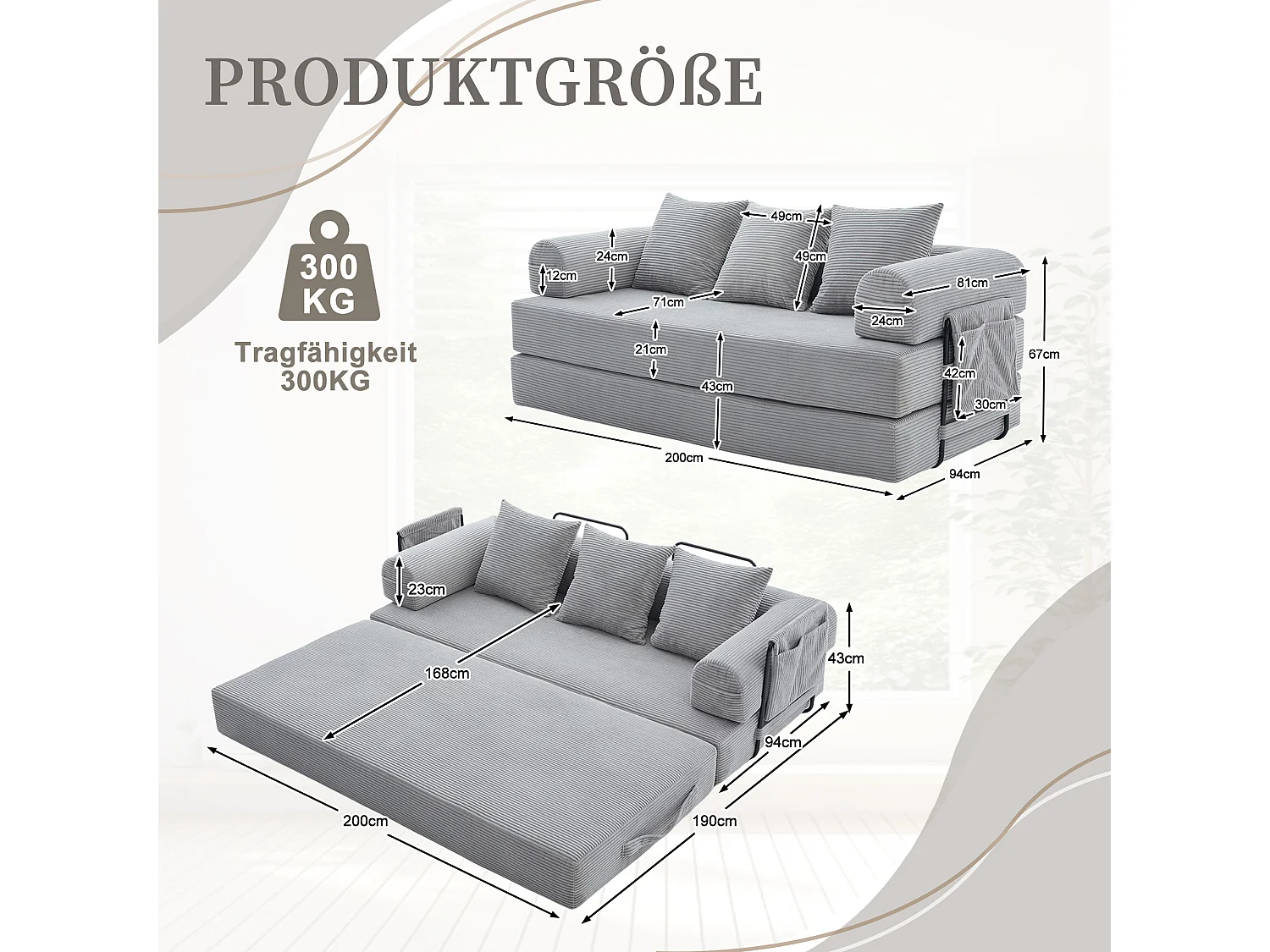 Canapé convertible 3 places - 200 x 94 x 67 cm - avec poches latérales + 3 coussins - velours - gris clair
