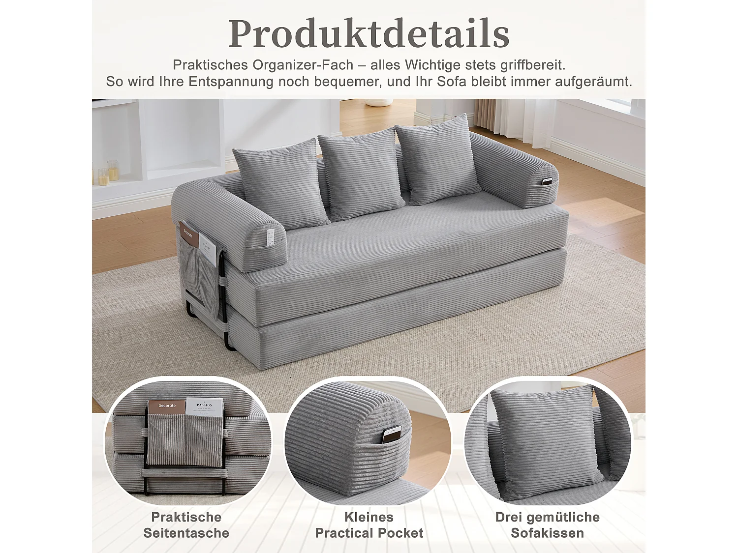 Canapé convertible 3 places - 200 x 94 x 67 cm - avec poches latérales + 3 coussins - velours - gris clair