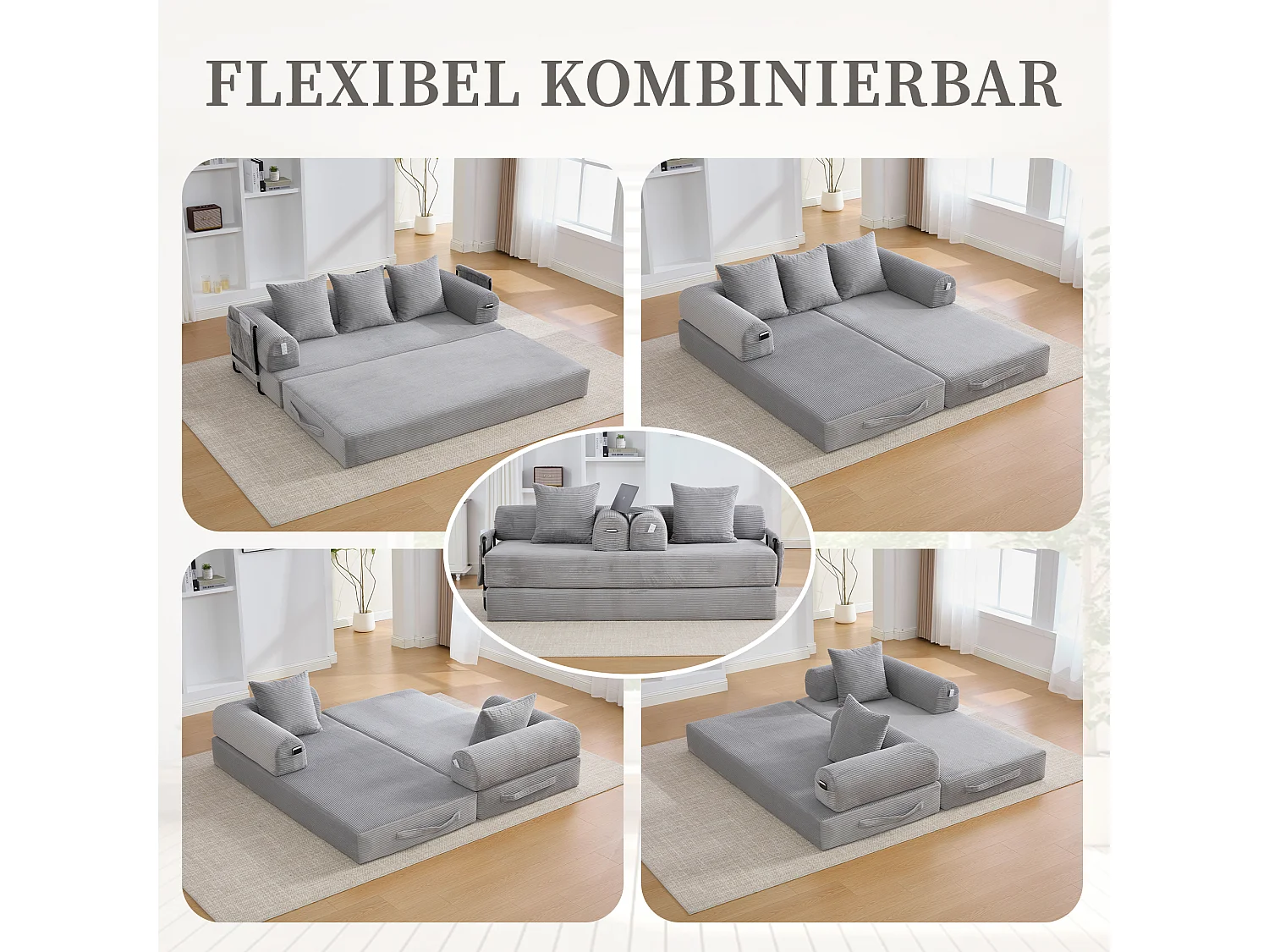 Canapé convertible 3 places - 200 x 94 x 67 cm - avec poches latérales + 3 coussins - velours - gris clair