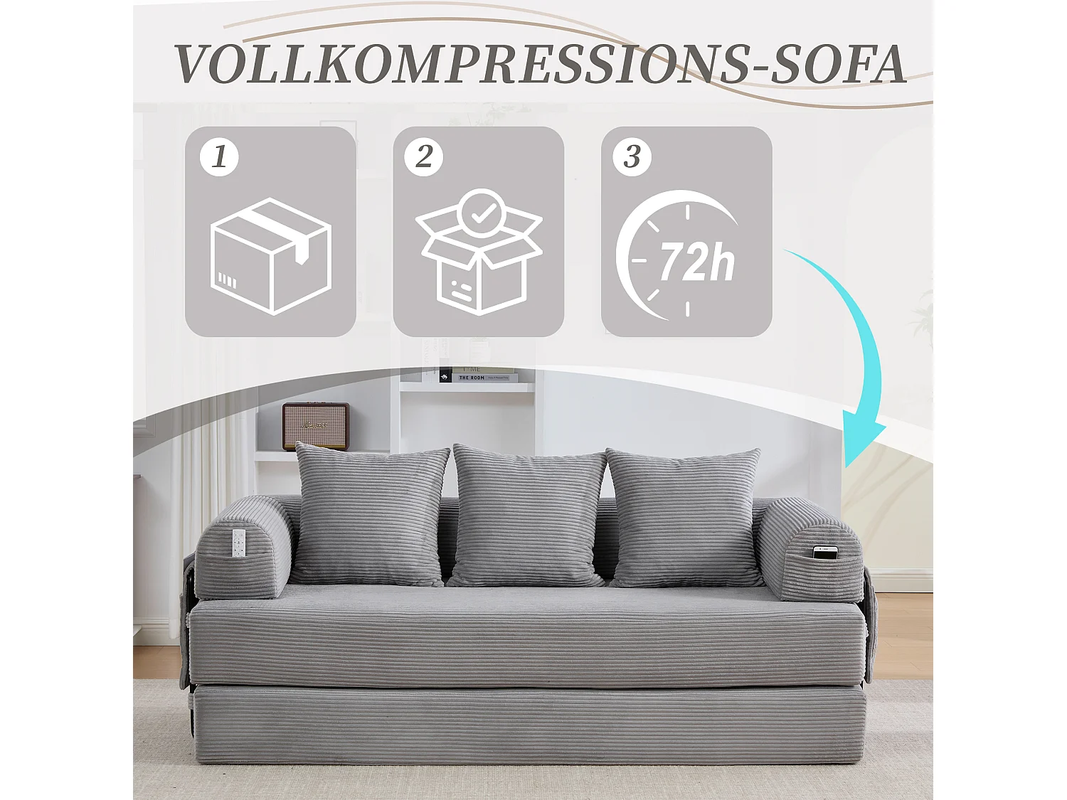 Canapé convertible 3 places - 200 x 94 x 67 cm - avec poches latérales + 3 coussins - velours - gris clair