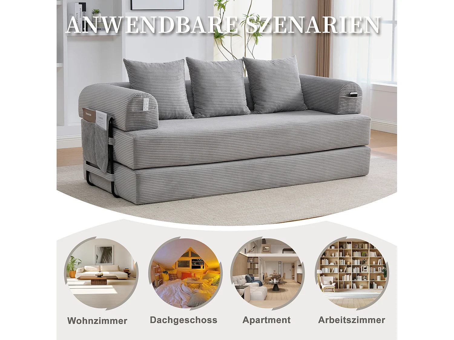 Canapé convertible 3 places - 200 x 94 x 67 cm - avec poches latérales + 3 coussins - velours - gris clair