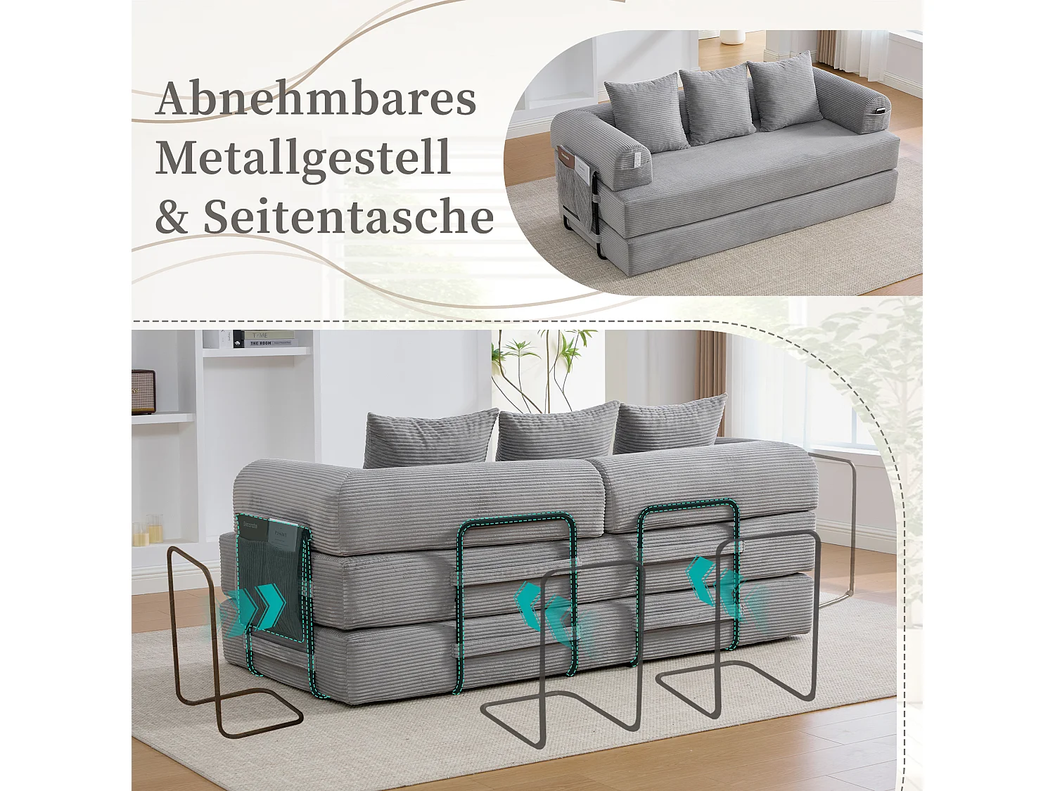Canapé convertible 3 places - 200 x 94 x 67 cm - avec poches latérales + 3 coussins - velours - gris clair