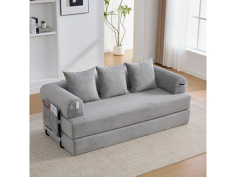 Canapé convertible 3 places - 200 x 94 x 67 cm - avec poches latérales + 3 coussins - velours - gris clair
