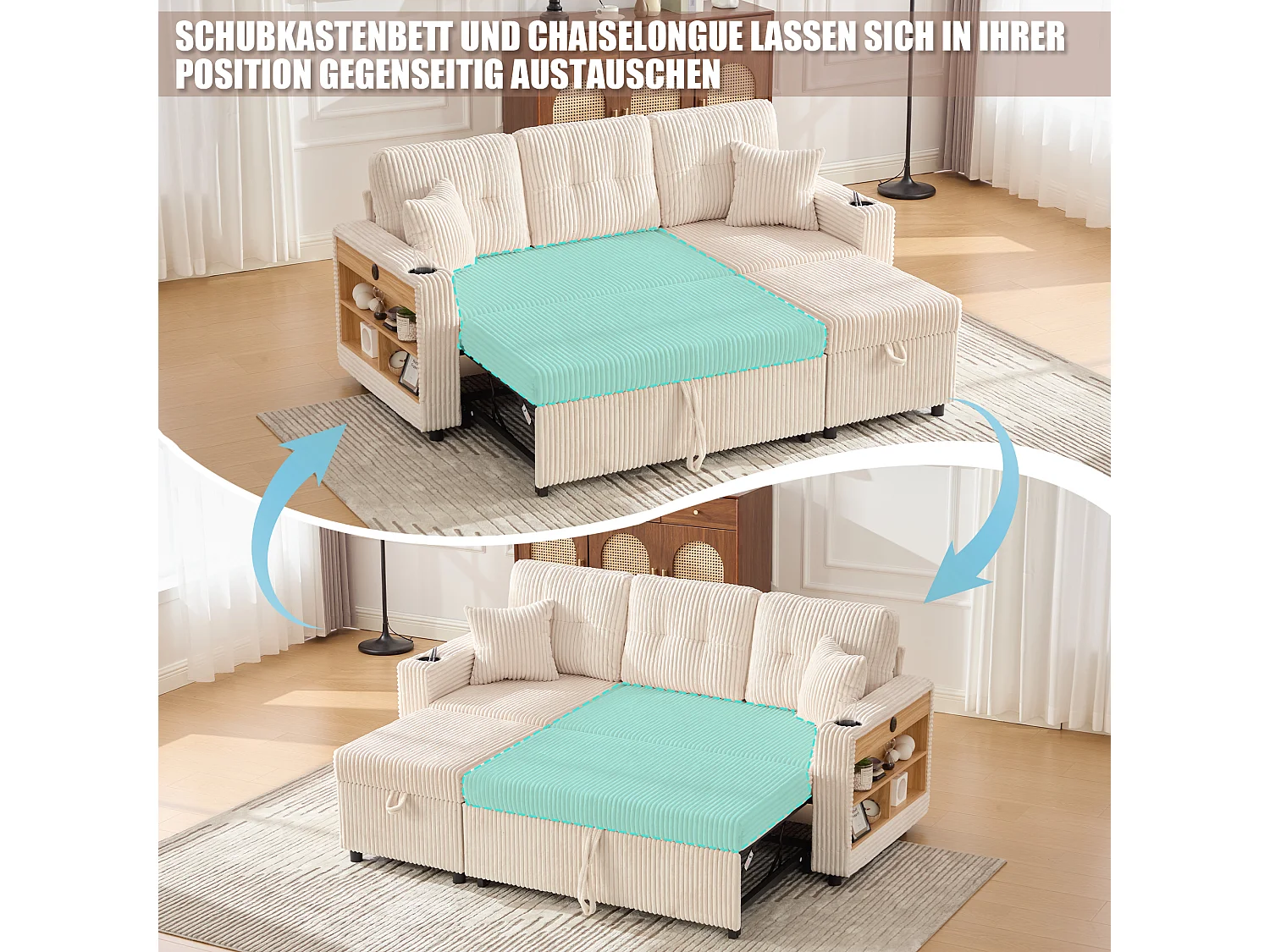 Sofá conversível de 3 lugares - com espaço de armazenamento e cama retrátil + USB + LEDs + porta-copos - veludo - bege