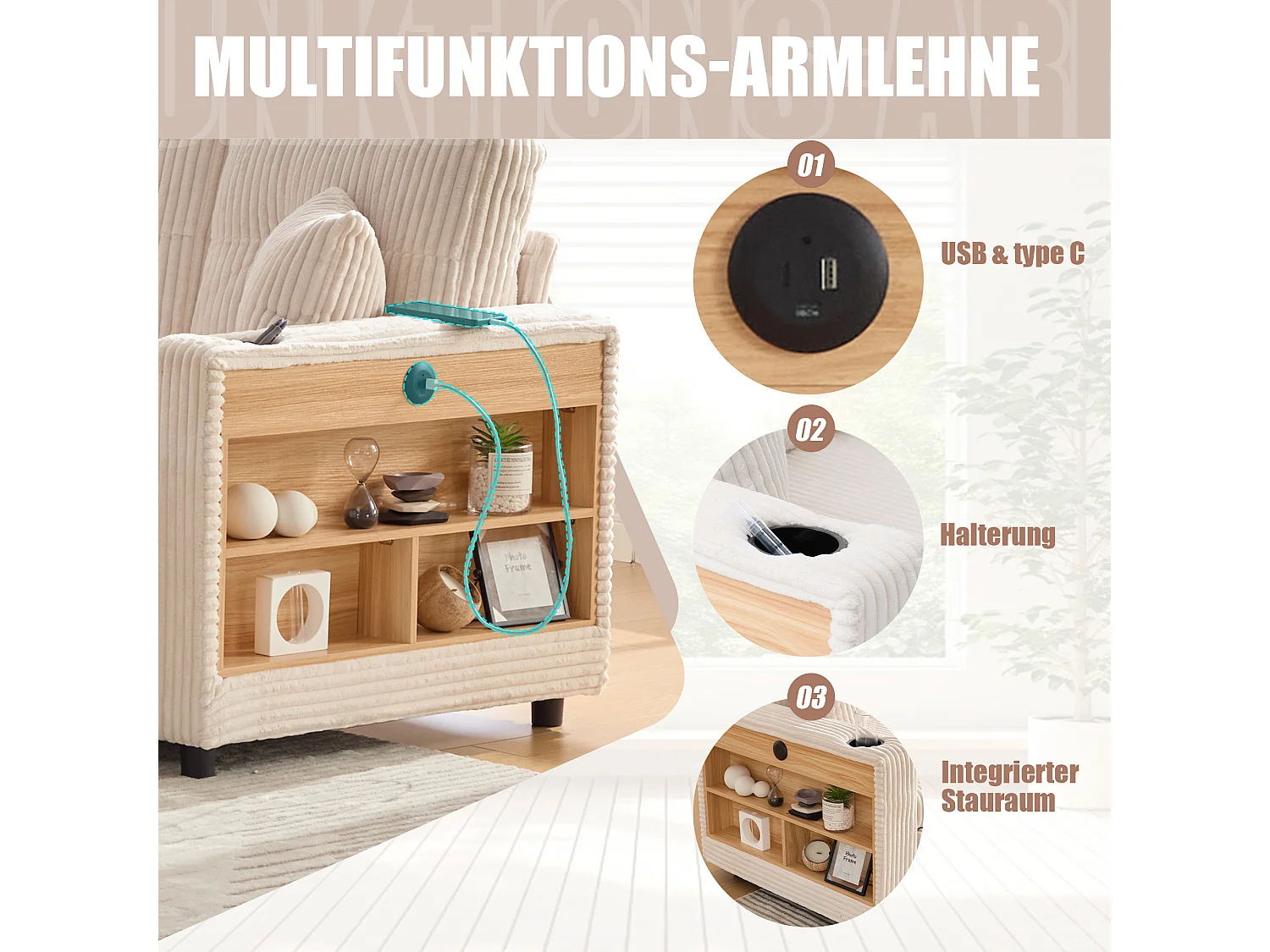 Sofá conversível de 3 lugares - com espaço de armazenamento e cama retrátil + USB + LEDs + porta-copos - veludo - bege