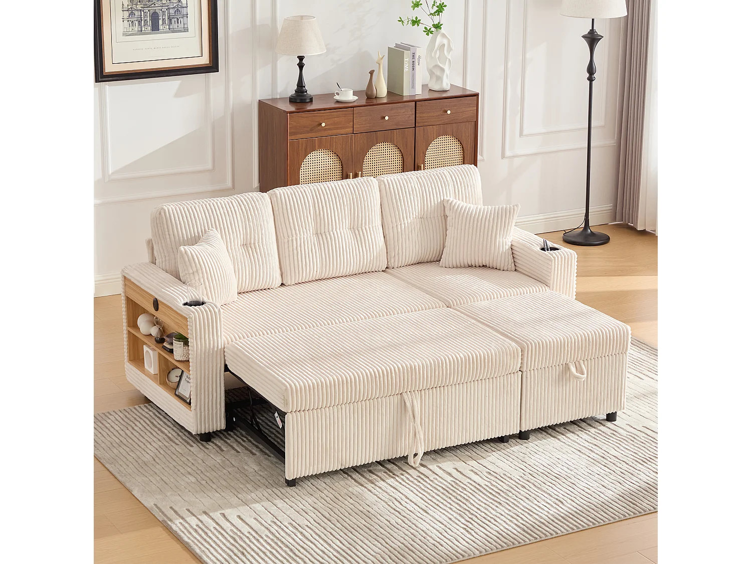 Canapé convertible 3 places - avec rangement et lit gigogne + USB + Leds + porte-gobelets - velours - beige