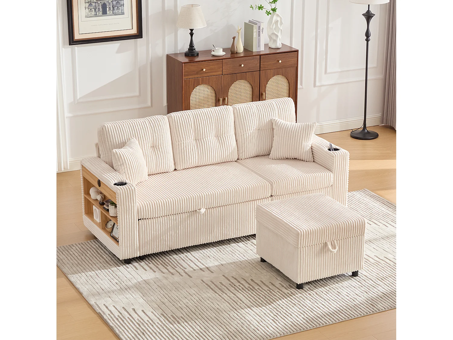 Canapé convertible 3 places - avec rangement et lit gigogne + USB + Leds + porte-gobelets - velours - beige