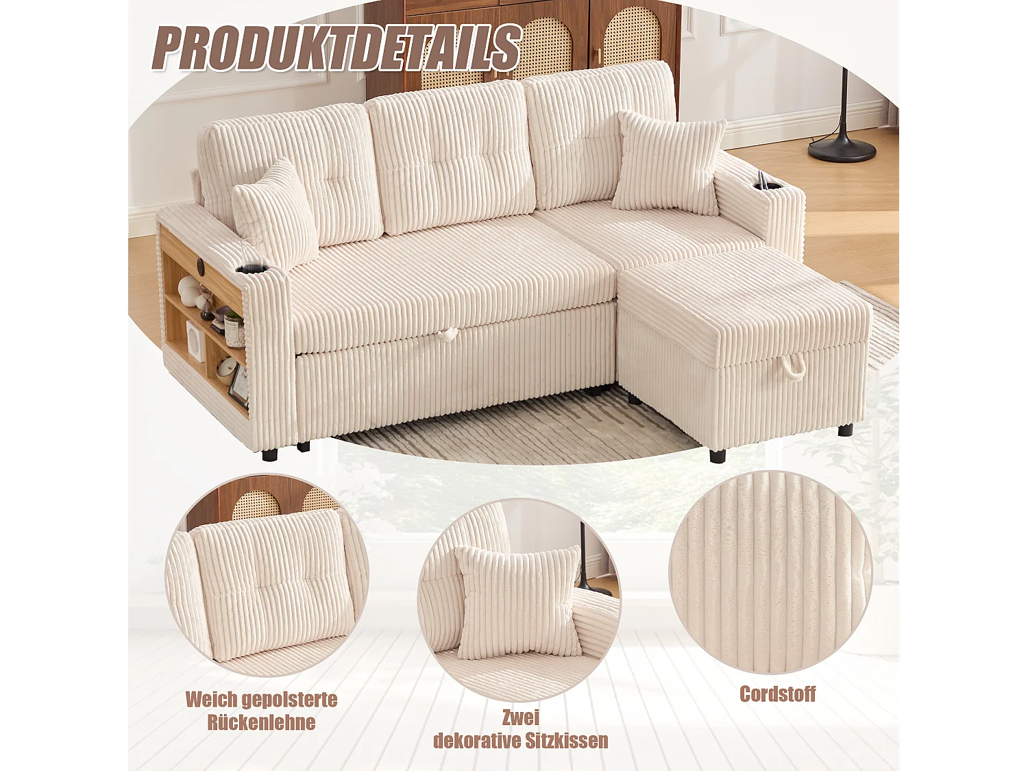 Canapé convertible 3 places - avec rangement et lit gigogne + USB + Leds + porte-gobelets - velours - beige